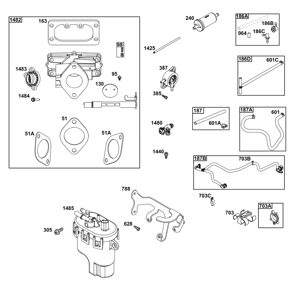 Throttle Body And Fuel Supply Group Diagram and Parts List for 49C877-0004-G1 400000 - 699999 Briggs and Stratton Engine